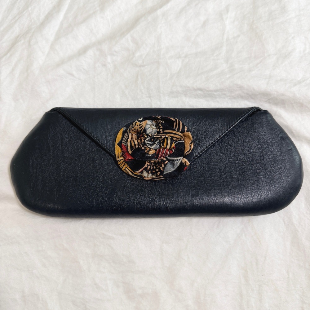 Pineda‎ Covalin Black Leather Envelope Clutch Bag Rosette Accent